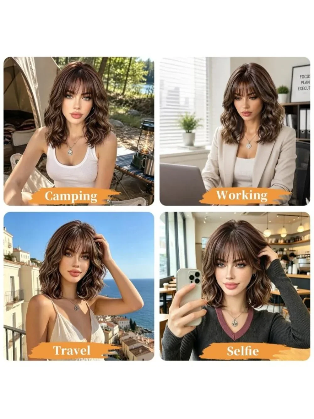 Women's Caramel Brown 14 Inch Heat Resistant Synthetic Fiber Shoulder Length Wig
